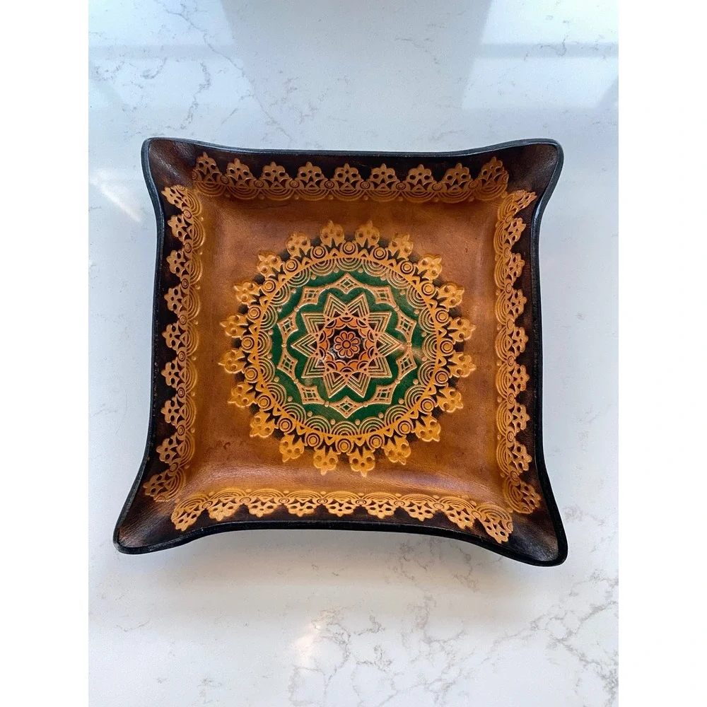 Hand Tooled Leather Vintage Trinket Dish Mandala Green Gold Decorative Catch All